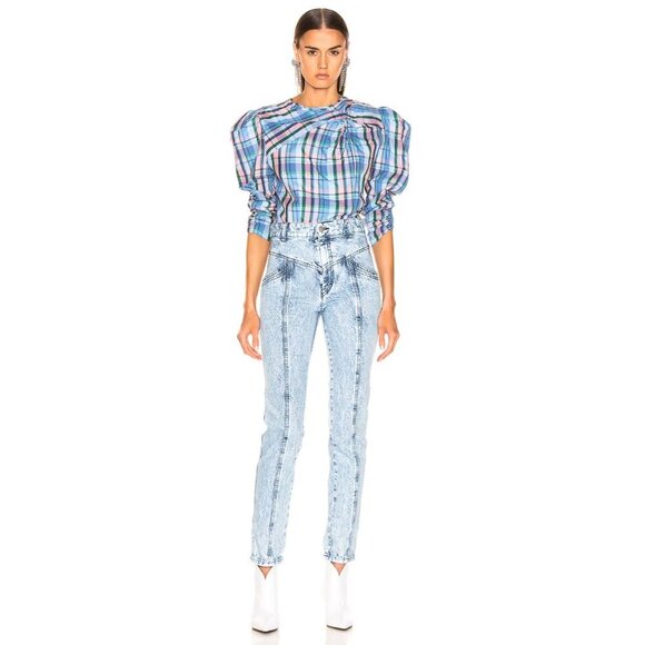 Isabel Marant Esmee Twisted Plaid Puff Shoulder Blouse in Blue Pink Green‎ - Picture 5 of 14